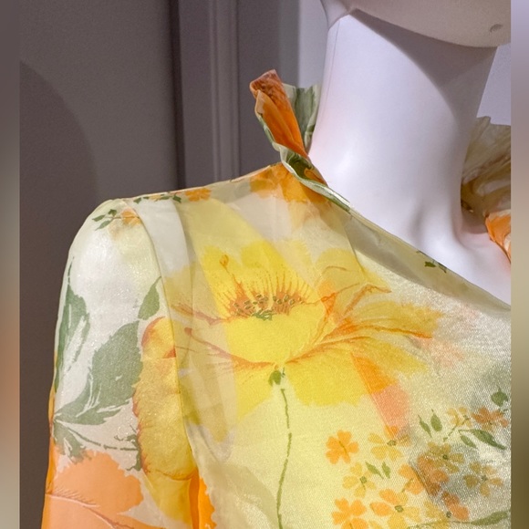 Vintage yellow maxi dress w/ cinched bust & matching sheer floral print jacket. - Picture 7 of 9